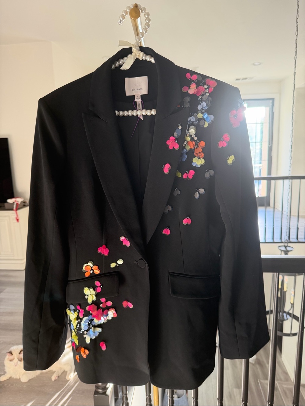 cinq a sept Black Blazer with Multicolored Floral Embellishments